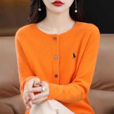 2024 Autumn/Winter Women's New Fashion Cashmere Embroidered Cardigan Women's O-neck Fashion Embroidered 100% Australian Wool