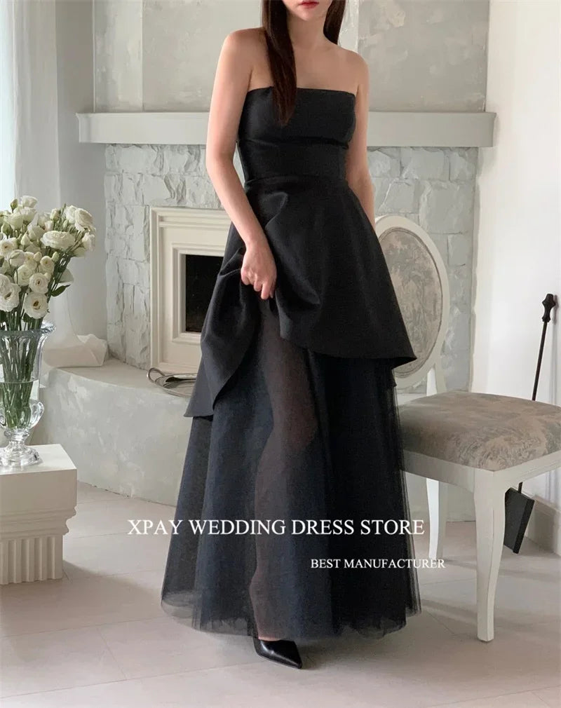 OLOEY Simple Black Satin Evening Dress Korea Photoshoot Party Dress Strapless Tiered Solid Color Prom Gown Wedding Party Dress