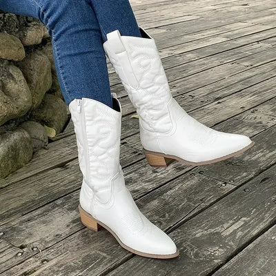 Women Shoes High Quality Gold Women's Boots Mid-calf Side Zipper Western Cowboy Boots Silver Retro Boots Woman Zapatos