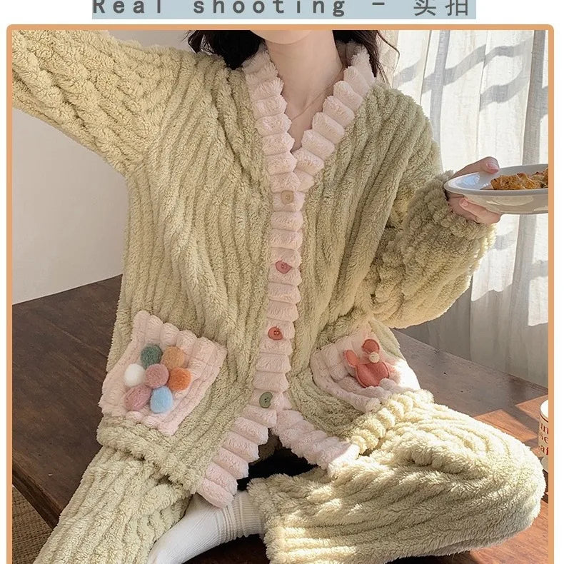 Thickened Warm Flannel Women Sleepwear Loungewear Cardigan Suit Winter Sweet Kawaii Soft Fairy Wind Ladies Pajamas Homewear