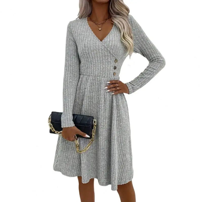 Autumn Winter Sweater Dress V Neck A-line Knitted Dress Long Sleeves Big Hem Midi Dress