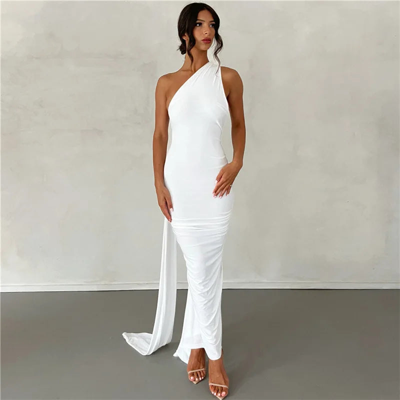 2023 New Fashion Elegant Maxi Dress for Women Sexy One Shoulder Bodycon Slim Pleated Solid Backless Dresses Party Club Clothes