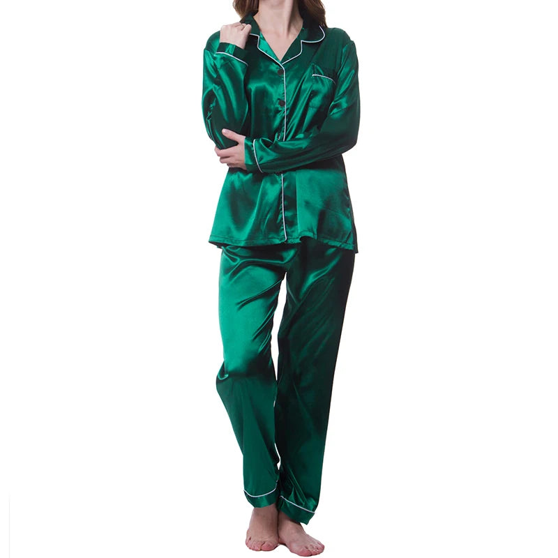 Women Satin Pajamas Cozy Lounge Set Autumn Long Sleeve Buttons Lapel Top & Pants Loungewear 2 Piece Sleepwear Button-Down Pj Set