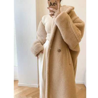 Milk White Teddy Coat Silhouette Alpaca Fur Medium Long Teddy Fur Coat for Women