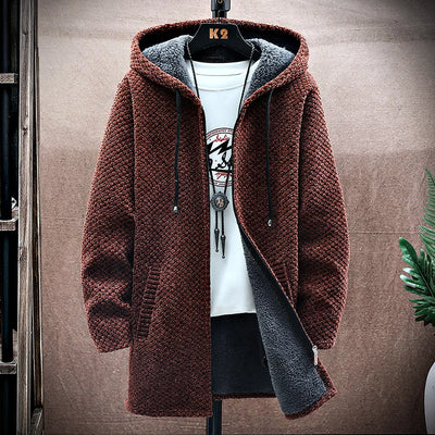 Men's Cardigan Cashmere Long Coat Sweaters with Hoods Autumn Winter New Fleece Warm Solid SweaterCoat Windbreaker Men Clothing