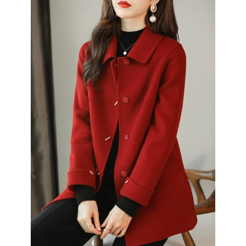 Woolen Coat Slim Fashion Office Lady Square Collar Single Breasted Winter Coats for Women 2023 Wide-waisted Pocket Black Coat