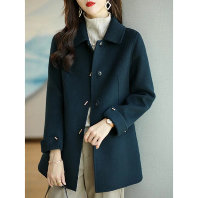 Woolen Coat Slim Fashion Office Lady Square Collar Single Breasted Winter Coats for Women 2023 Wide-waisted Pocket Black Coat