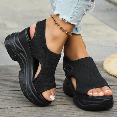 Women's Sandals 2025 Summer Wedge Heel Elastic Cloth Cover Foot Ladies Sandals Thick-soled Fashion Casual Shoes Platform Sandals