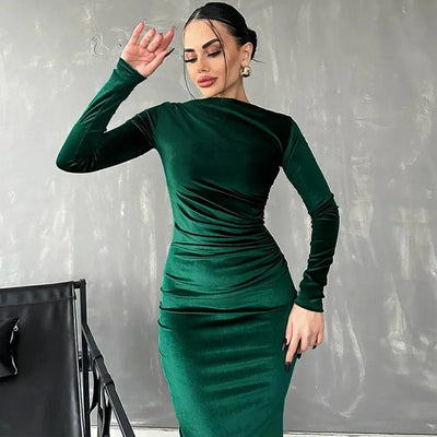 BWQ 2024 Spring Summer Velvet Long Sleeve Midi Dress For Women Ruched Long Dress Elegant Party Clothes Evening Green Outfits