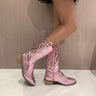 Gold High Women's Boots  Winter Women Fashion Western Cowgirls Snow Women Boots Fashion Cowboy Leather Women 2025 New 장화