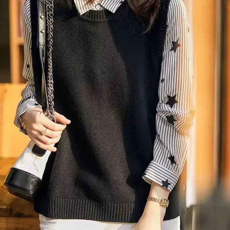 Fashion knit sweater vest College style under three-button solid color crew neck casual all-match pullover sweater for women