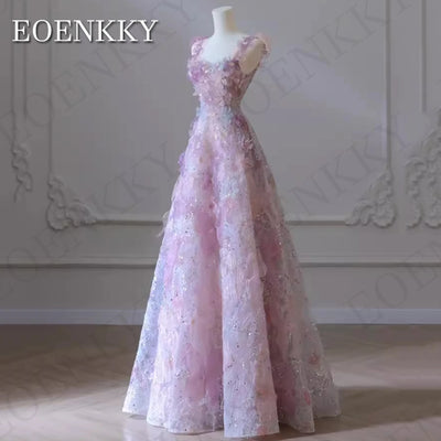 EOENKKY Exquisite 3D Flowers Prom Dresses Glitter Sequin A Line Spaghetti Strap Wedding Party Dress فساتين سهره فاخره Customized