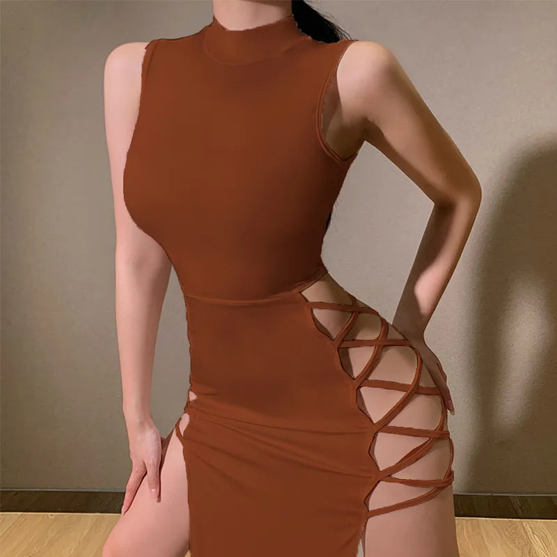 Womens Long Dress Mock Neck Sleeveless Sexy Black Bandage Women Fashion Slim Dress 2025 Summer Women&
