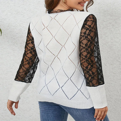 Spring and Autumn Checkered Women's Shirt with Knitted Patchwork Lace Base Sexy V-neck Fashionable and Versatile Long Sleeved