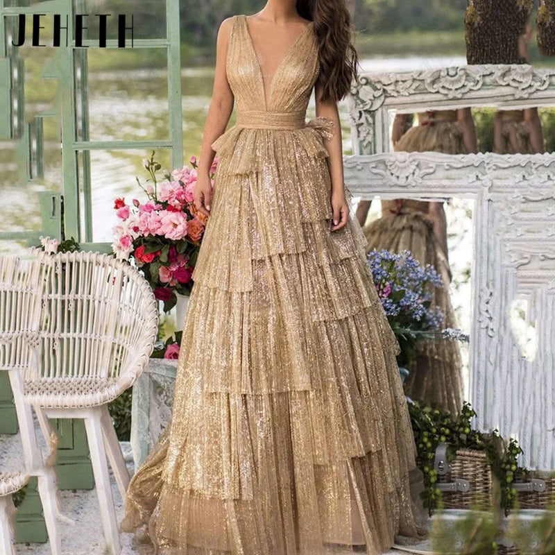 JEHETH Glitter Champagne Prom Gown Tiered Evening Dresses Luxury Sparkly Tulle Bespoke Occasion Dress Customized فساتين سهرة