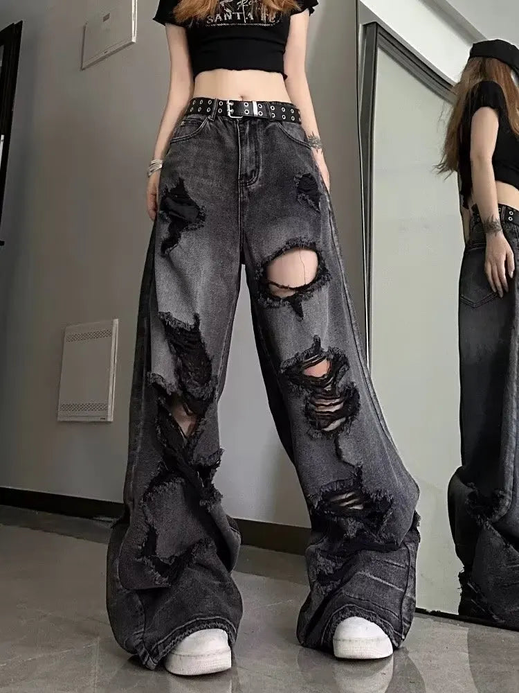 Niche Design Jeans, High Street Heavy Industry Wide Leg Pants, High-end Floor Length Pants, Trendy Brand Women&