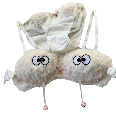 Funny Cats Underwear Set Faux Furs Bra Top and Panty Plush Lingerie Set Cartoon Lovely Bra Set Holiday Gifts for Womens