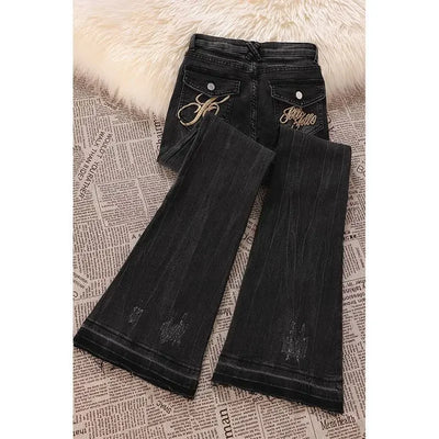 90s Retro Trend American Classic Embroidered Women Jeans Elastic Fashion Leisure Tassel Slim Harajuku Korean New Bell Bottoms