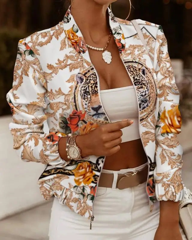 Women Autumn Retro Floral Print Jackets Spring Summer Long Sleeve Zipper Print Jacket Casual Pocket Slim Female Bomber Outwears