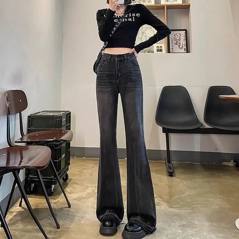 90s Retro Trend American Classic Embroidered Women Jeans Elastic Fashion Leisure Tassel Slim Harajuku Korean New Bell Bottoms