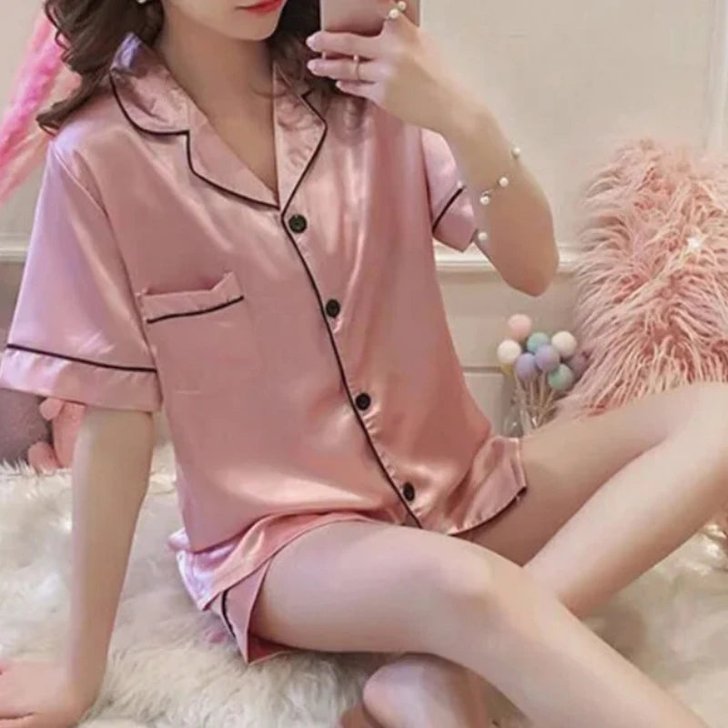 Women silk satin pajamas set two-piece PJ sets sleepwear loungewear button-down pajama Women 2 piece pijama homewear shorts set