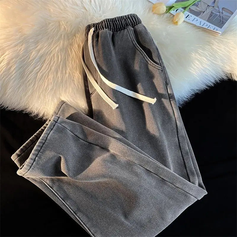 Retro Korean Jeans Men and Women Fall and Winter Models Padded and Thickened Loose Straight Wide-leg Casual Pants