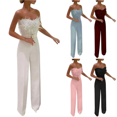 Women's Feather Trim Jumpsuit - Sexy Tube Top Evening Playsuit | High-Waisted Sleeveless Party Jumpsuit for Nightclub & Events