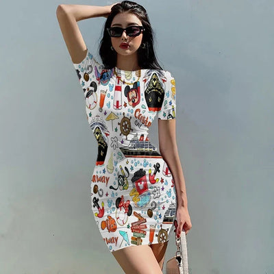 2024 Disney Mickey Cruise Sexy Dress Women's Short Sleeve Cruise Dress Land Mickey And Friends Beach Dress Y2K