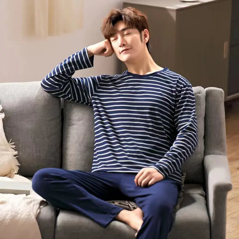 New Pyjamas Men Long Sleeve Stripes Spring Autumn Male Teenagers Winter Home Wear Daily Leisure Comfortable Breathable Suit