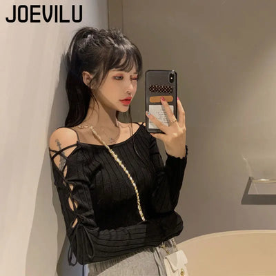 Bandage Long Sleeve Knitted Shirt Women's Off Shoulder Sexy Tops Slim Chic T-shirt Spring and Autumn Pullover Solid Y2k Sweater