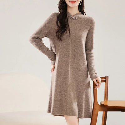 100% Merino Wool Women's Midi Dress, Buttoned, Elegant, Long Sleeves, Knitted, Crew Neck, Warm, Fall/Winter 2024, Clothing