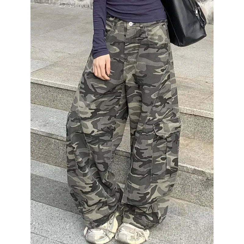 Autumn Winter New Low Rise Jeans Y2k Ladies American High Street Baggy Pants Woman Camouflage Drawstring Mop Jeans for Women