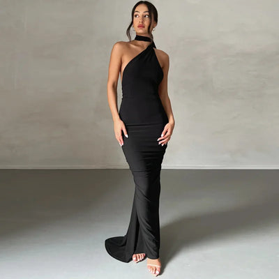 2023 New Fashion Elegant Maxi Dress for Women Sexy One Shoulder Bodycon Slim Pleated Solid Backless Dresses Party Club Clothes