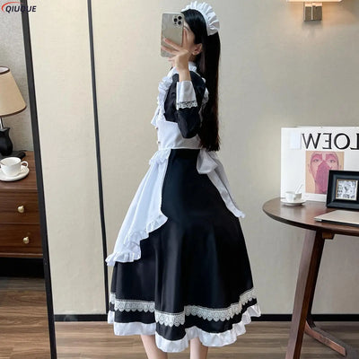 Women Maid Outfit Lolita Dress Cute Kawaii Cafe Costume Black White Men Uniform Long Apron Dress Mucama Cosplay Costume