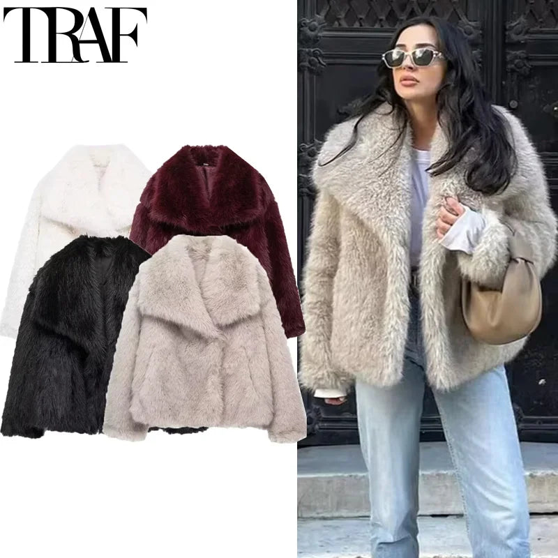 TRAF 2024 Woman Autumn Winter Faux Fur Coat Plush Fluffy Women&