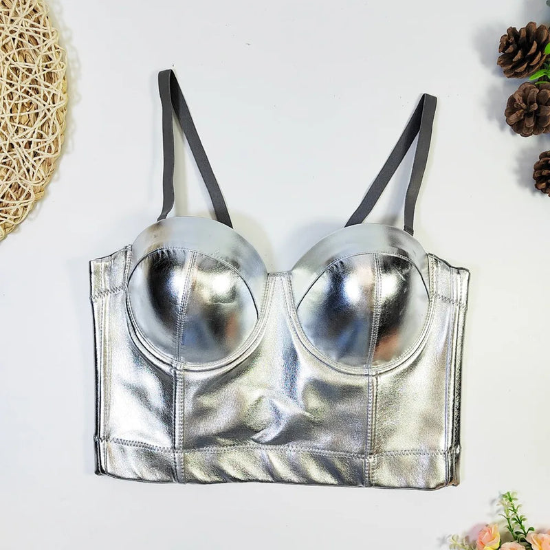 IRENE TINNIE Crop Top Multicolour Sparkle PU Leather Bra Push Up Bralet Women Tube Top Corset Bustier Party Lingerie Streetwear