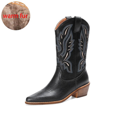 Plus Size 43 Women's Embroidered Western Mid-Calf Boots Cowboy Cowgirl Boots Chunky Heel Platform Boots Women Western Shoes