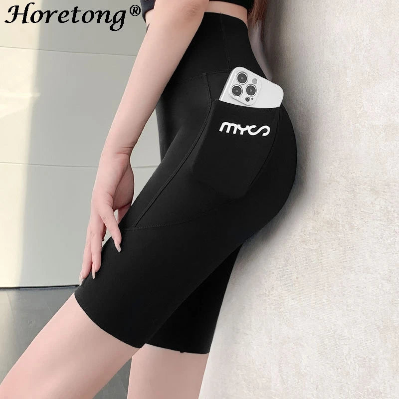 Horetong Women Sports Shorts With Pocket High Waist Fitness Casual Streetwear Short Trousers Female Tight Shorts Workout Pants