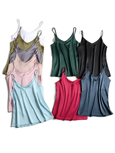 Spaghetti Strap Top Women Halter V Neck Basic White Cami Sleeveless Satin Silk Tank Tops Women'S Summer 2024 Camisole