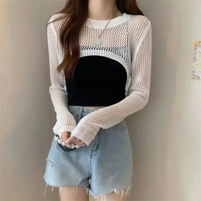 Women Y2k Crochet Knit Hollow Out Crop Top Long Flared Sleeve Shrug Sweater Mesh Cover Ups Cardigan Streetwear