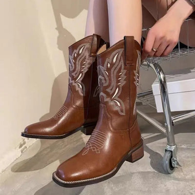 Fall Women Mid-calf Boots 2024 Vintage Leather-covered Brown Western Cowboy Boots Embroidered Chunky Heel Thigh-high Knight Boot