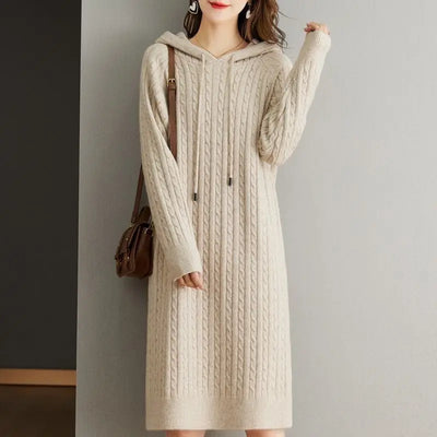 Autumn Winter Women Korean Fashion Simple Twists Hooded Sweater Dresses Elegant Chic Solid Long Sleeve Loose Knitted Midi Dress