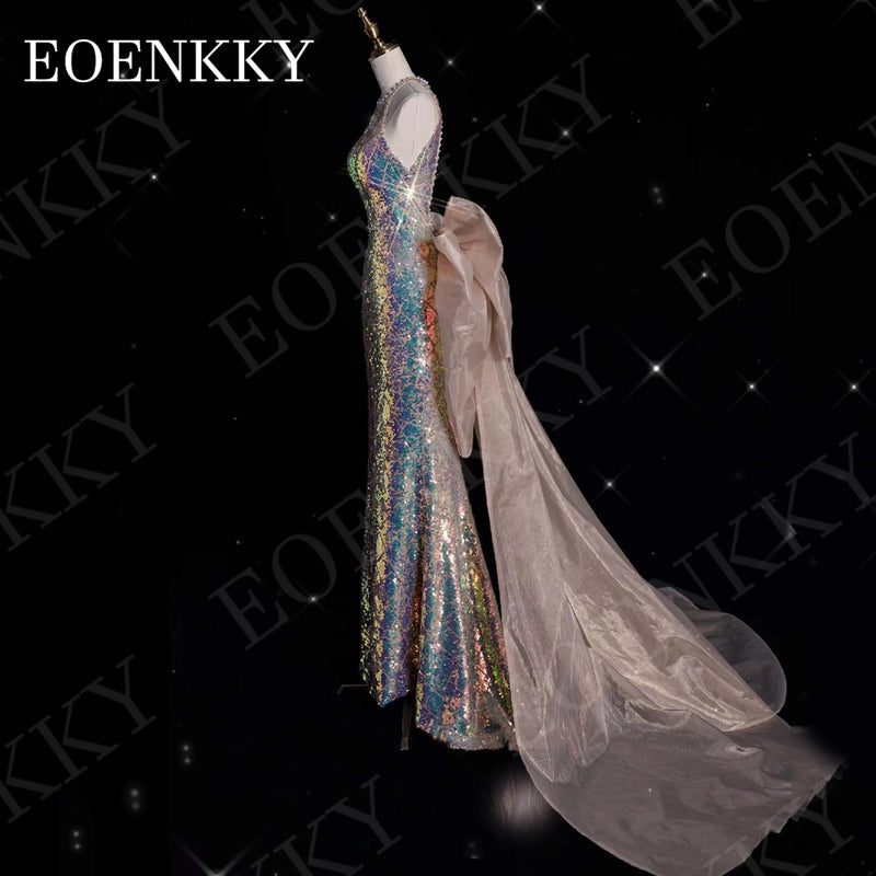 EOENKKY Halter Sparkly Evening Dress Mermaid Style Luxury Sequin Backless Wedding Party Dresses Detachable Train Sleeveless