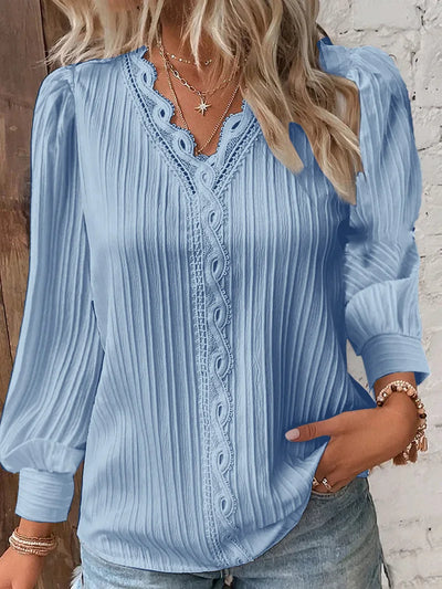 Elegant Summer Hollow Lace Patchwork Women Shirt Chic Blouse V Neck Long Sleeve Shirt Plain Lace Casual Basic Regular Tops