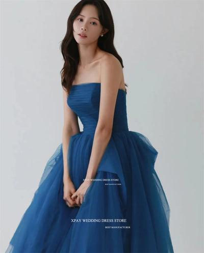 XPAY Strapless Ocean Blue Korea Wedding Party Dresses Photos Shoot Tiered Formal Customised A Line Floor Puffy Bride Garden Gown