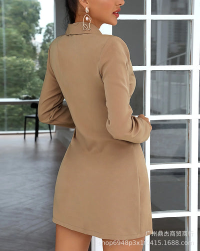 New Autumn Winter Women's Blazer Dress Solid Color Fashionable V-neck Long-sleeved High-waisted Lace Up Pleated Hem Mini Dress