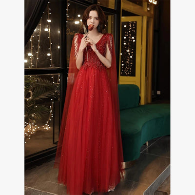 Luxury Sexy V-neck Ball Gown Wedding Evening Party Summer Dress French Red Sequined Bride Wedding Dress Women Formal vestidos