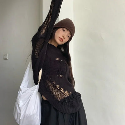 Karrram Gothic Hollow Out Sweater Hole See Through Oversized Knitted Pullovers Emo Streetwear Grunge Clothes Y2k Tops Spring