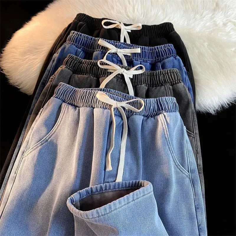 Retro Korean Jeans Men and Women Fall and Winter Models Padded and Thickened Loose Straight Wide-leg Casual Pants