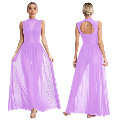 Womens Shiny Rhinestone Lyrical Dance Dress Maxi Dress Mock Neck Sleeveless Tulle Overlay Modern Contemporary Leotard Dresses